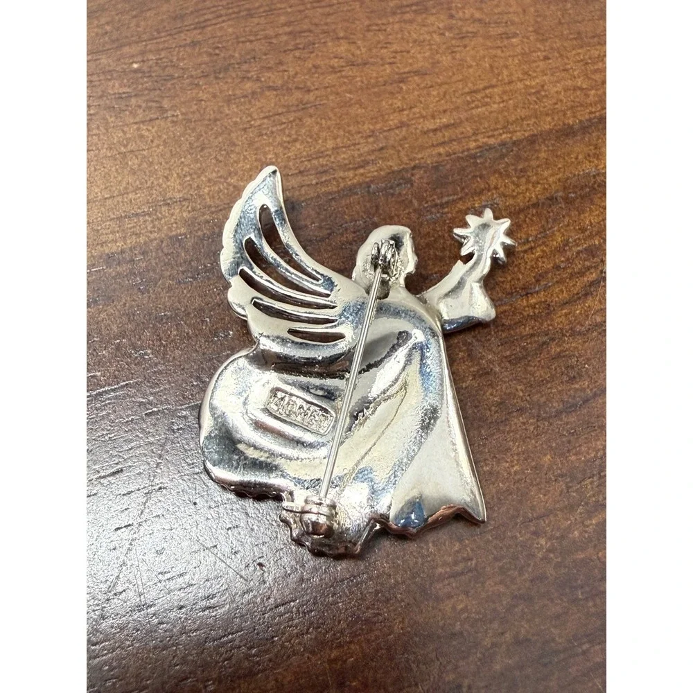 Monet Silver Tone Blue Green Enamel Angel Brooch Rhinestone Star Pin Holiday - Picture 4 of 5